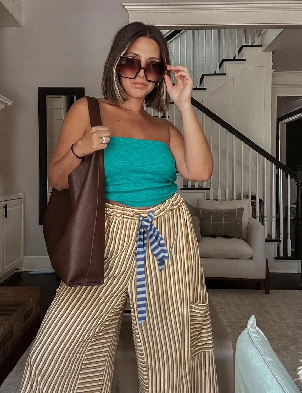 Bankeng Women Drawstring Striped Pants Loose Wide Leg Lounge Pants Casual Palazzo Pants Trousers with Pockets