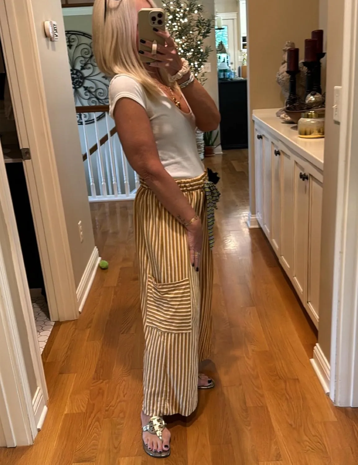 Bankeng Women Drawstring Striped Pants Loose Wide Leg Lounge Pants Casual Palazzo Pants Trousers with Pockets