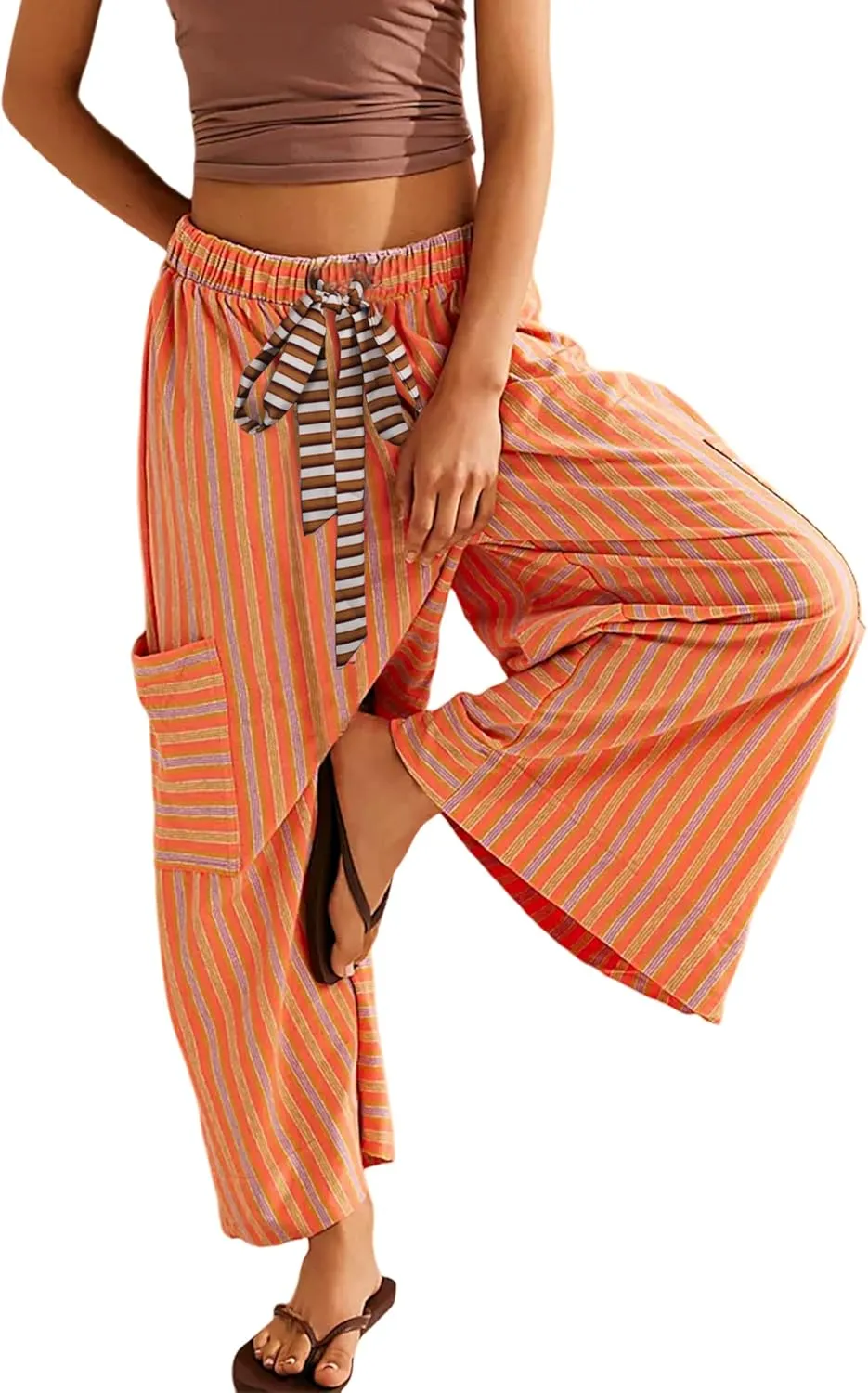 Bankeng Women Drawstring Striped Pants Loose Wide Leg Lounge Pants Casual Palazzo Pants Trousers with Pockets