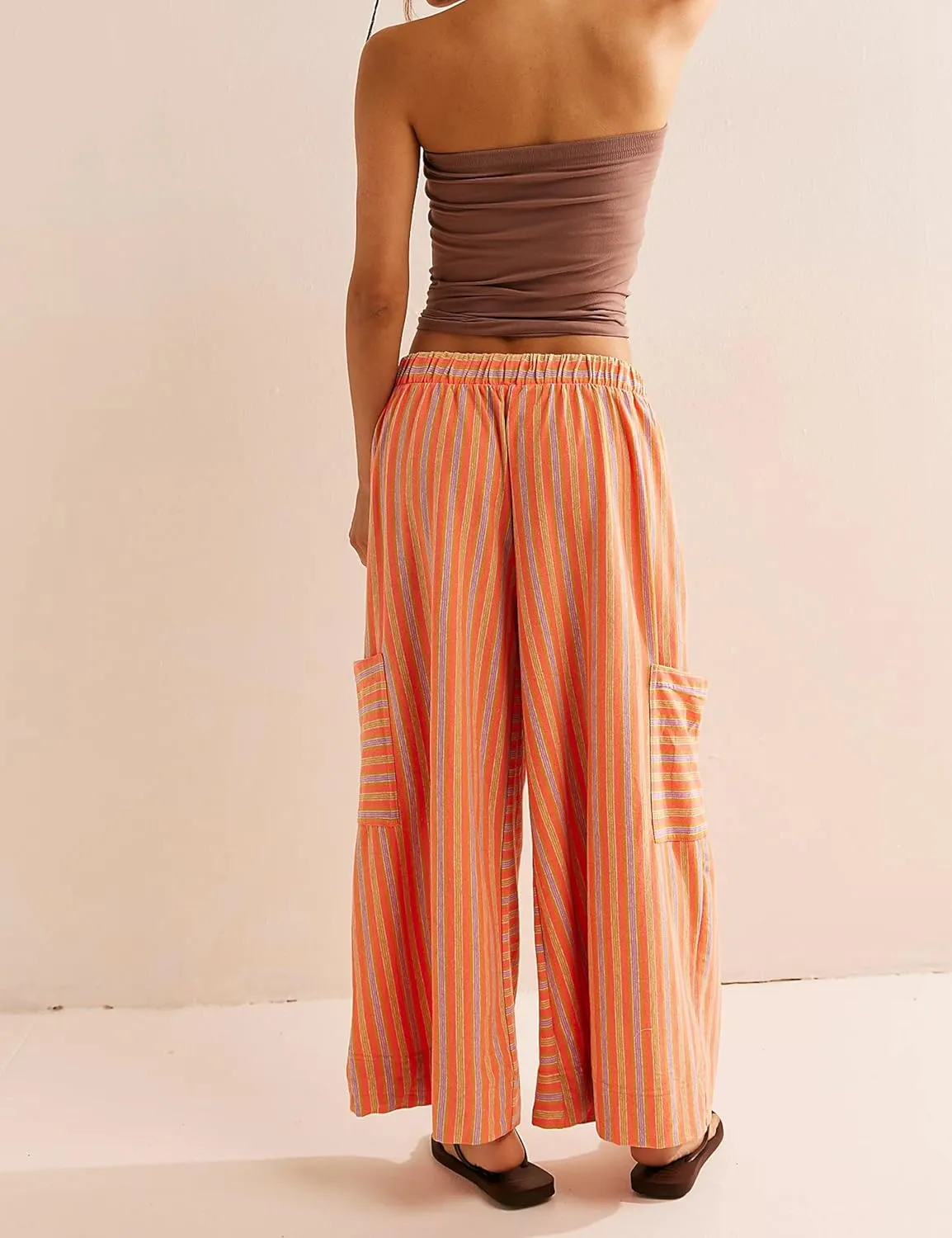 Bankeng Women Drawstring Striped Pants Loose Wide Leg Lounge Pants Casual Palazzo Pants Trousers with Pockets