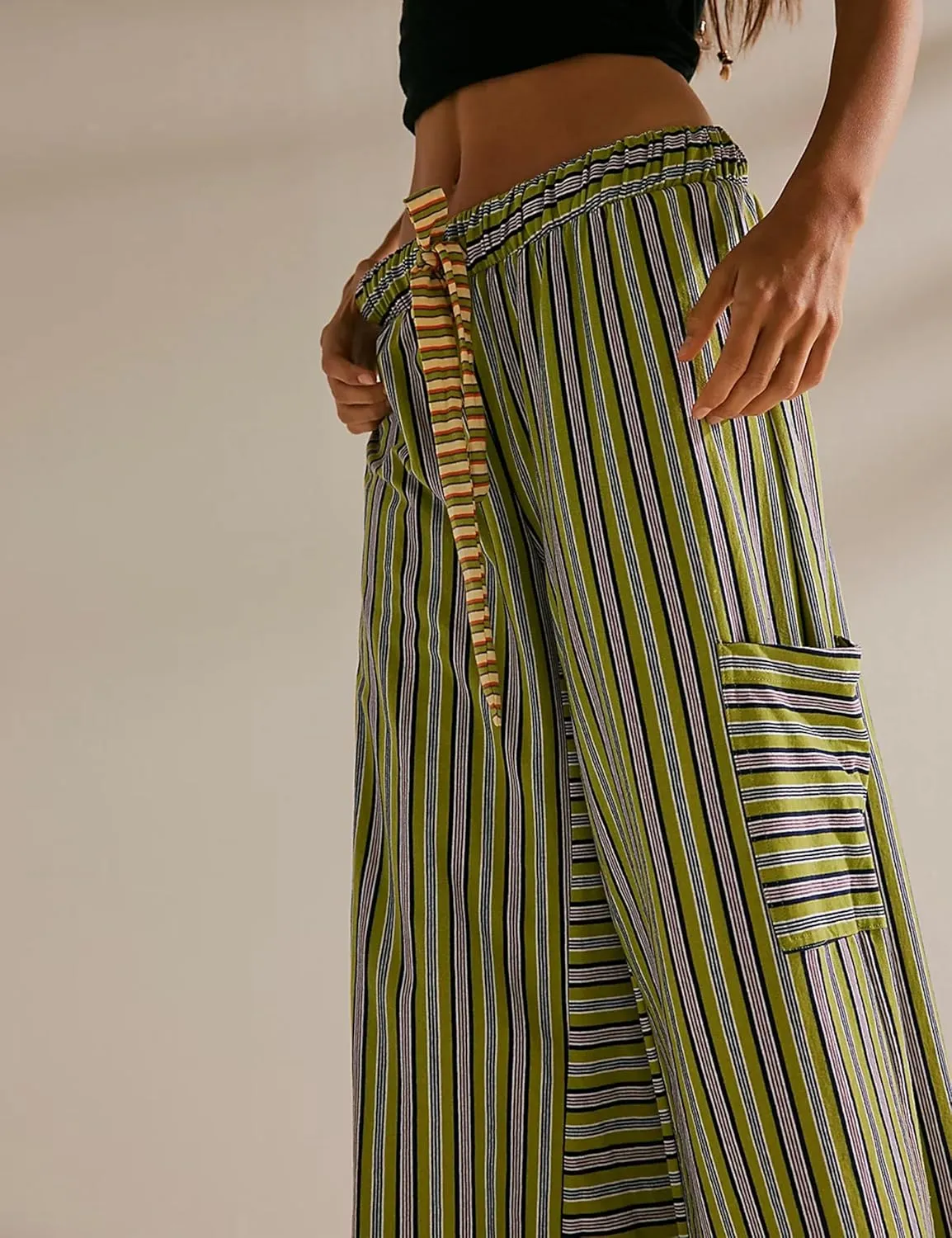 Bankeng Women Drawstring Striped Pants Loose Wide Leg Lounge Pants Casual Palazzo Pants Trousers with Pockets
