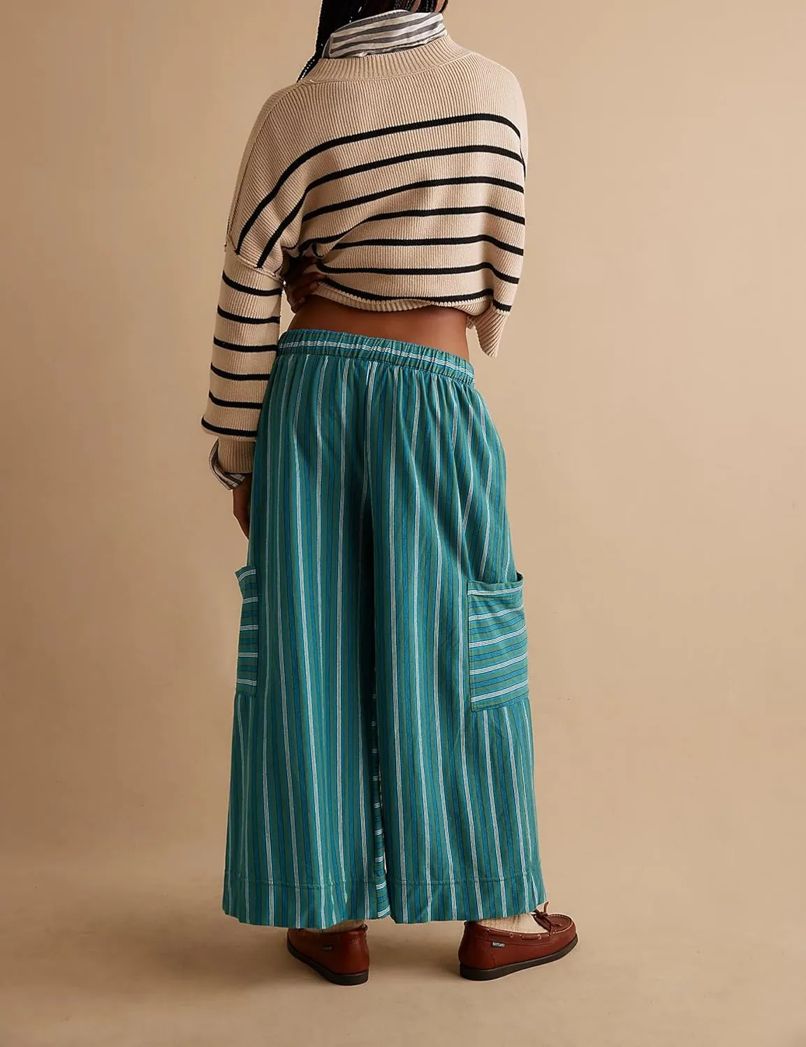 Bankeng Women Drawstring Striped Pants Loose Wide Leg Lounge Pants Casual Palazzo Pants Trousers with Pockets