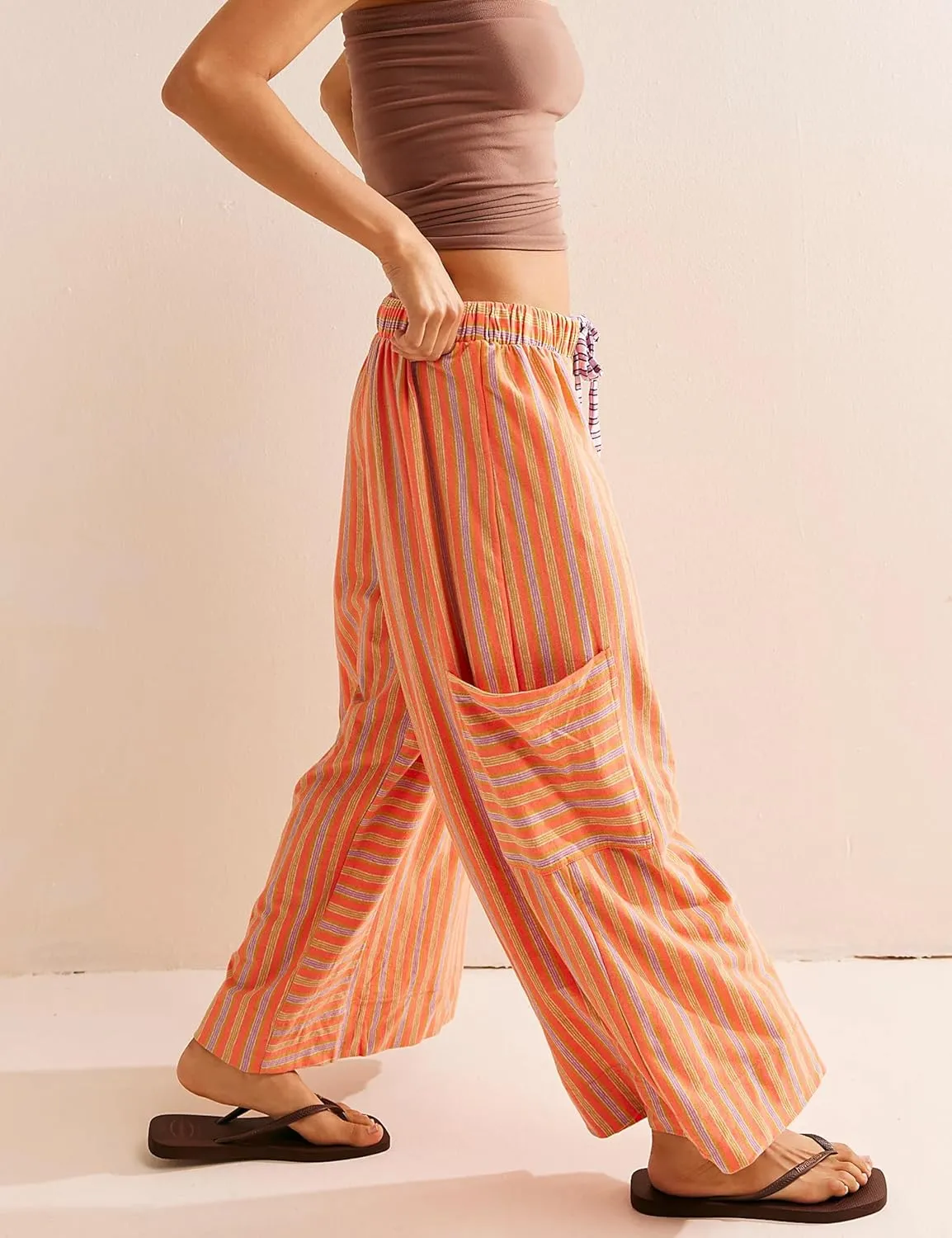 Bankeng Women Drawstring Striped Pants Loose Wide Leg Lounge Pants Casual Palazzo Pants Trousers with Pockets