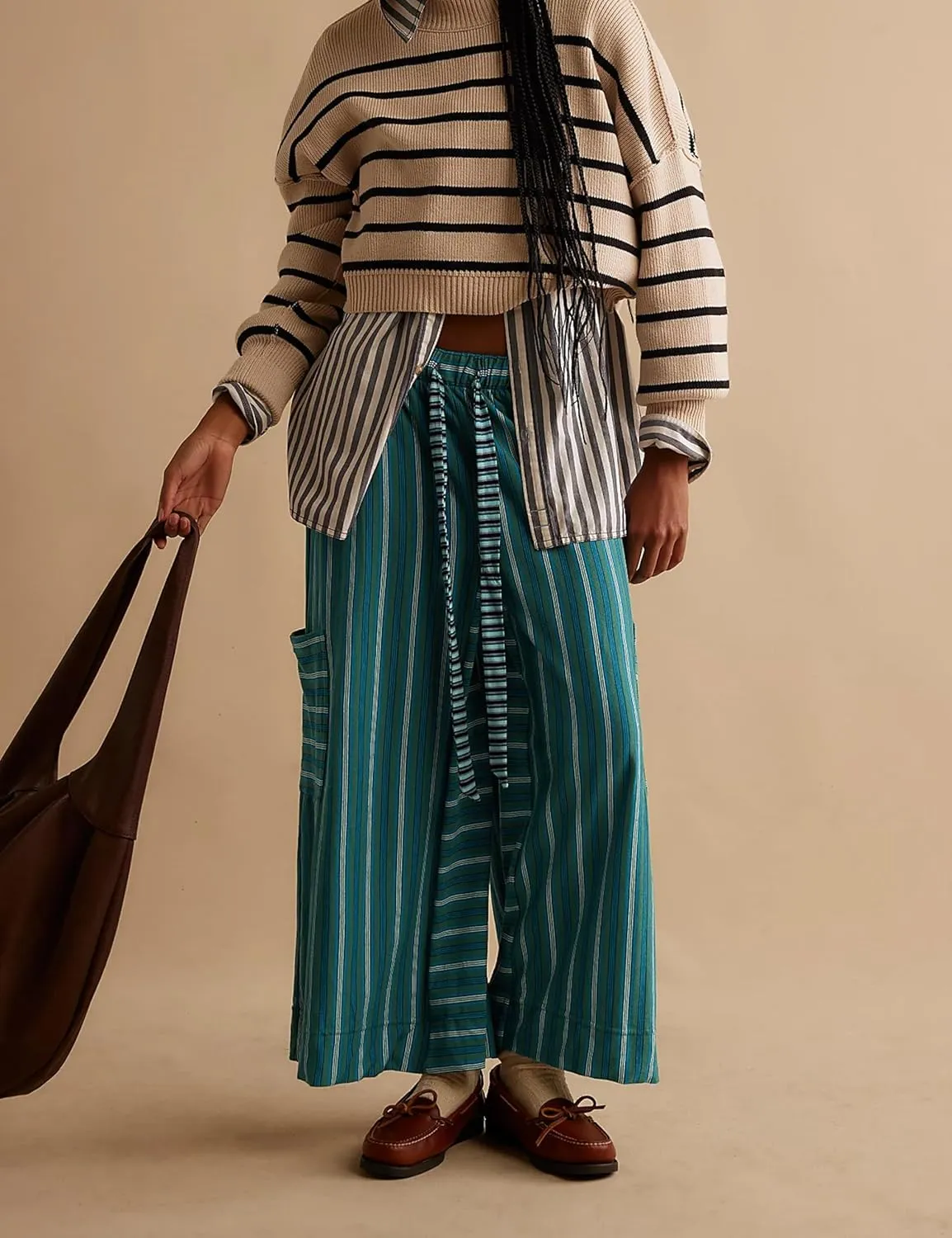 Bankeng Women Drawstring Striped Pants Loose Wide Leg Lounge Pants Casual Palazzo Pants Trousers with Pockets