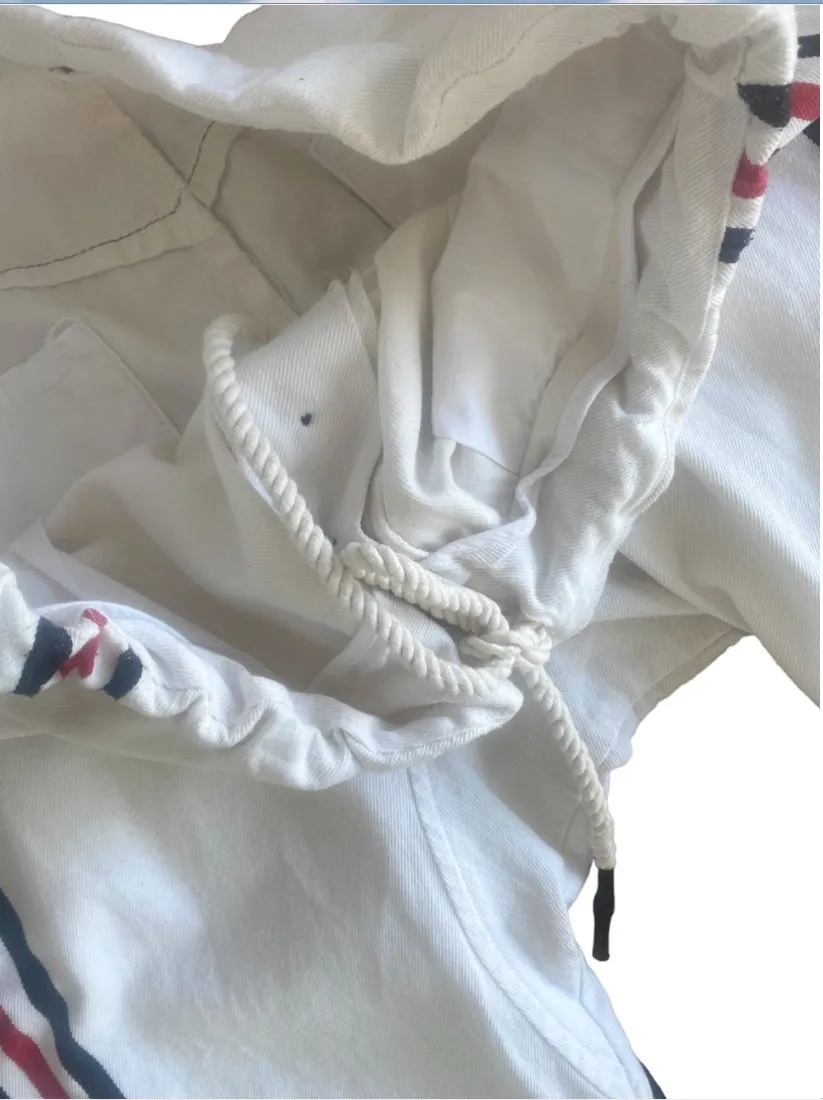 Bassike White Jeans | Racer Stripe, Sz 2, Drop Crotch, Drawstring, Italian Mater