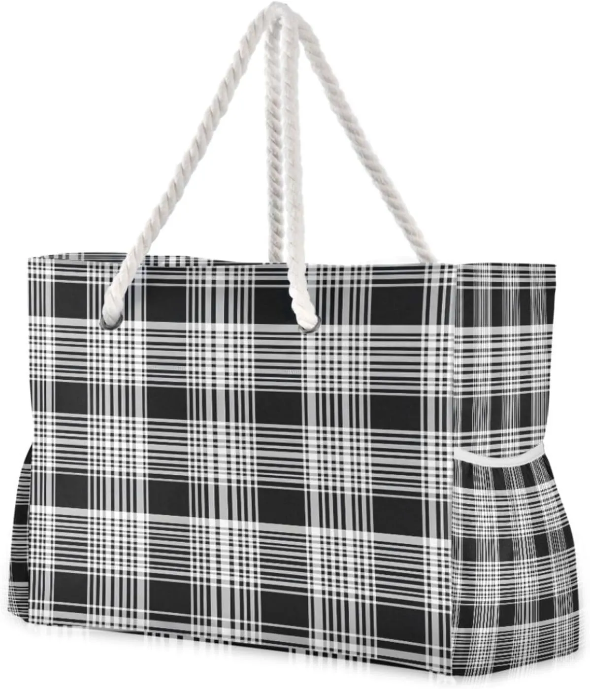 Beach Bag - Large Tote Bags for Women Monochrome Plaid Pattern Shoulder Bags Zipper Waterproof Sandproof for Travel Gym Swim Daily