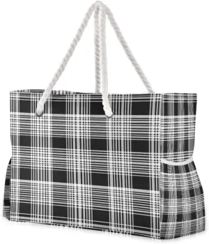 Beach Bag - Large Tote Bags for Women Monochrome Plaid Pattern Shoulder Bags Zipper Waterproof Sandproof for Travel Gym Swim Daily