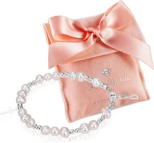 Beaded Bracelets for Girls, Sterling Silver Cross Charm Bracelet White Cultured Freshwater Pearl, Baby Girl Keepsake, Christening, Baptism Gifts for Girl