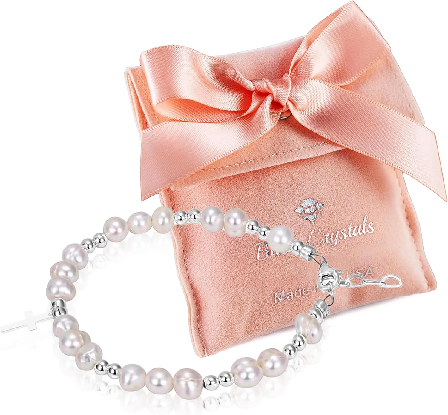 Beaded Bracelets for Girls, Sterling Silver Cross Charm Bracelet White Cultured Freshwater Pearl, Baby Girl Keepsake, Christening, Baptism Gifts for Girl