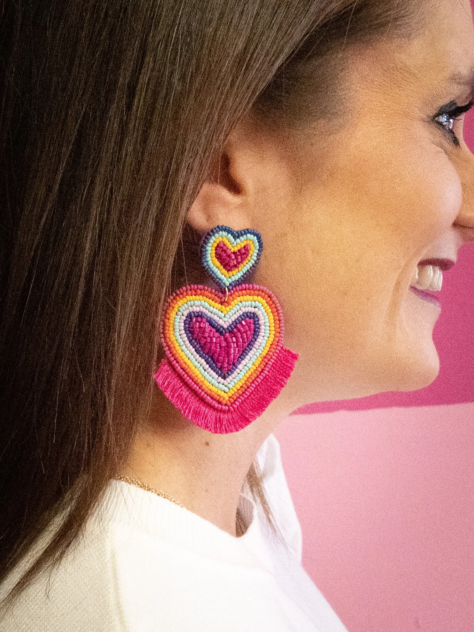Beaded Heart Earring with Fringe