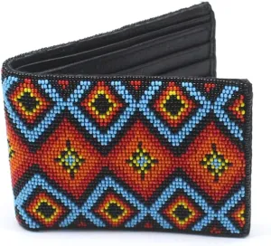 Beaded Leather Wallet, Seed Beads Native American Style Unisex Wallet, Handmade Beaded Purse. (Turquoise Blue,Red,Orange)