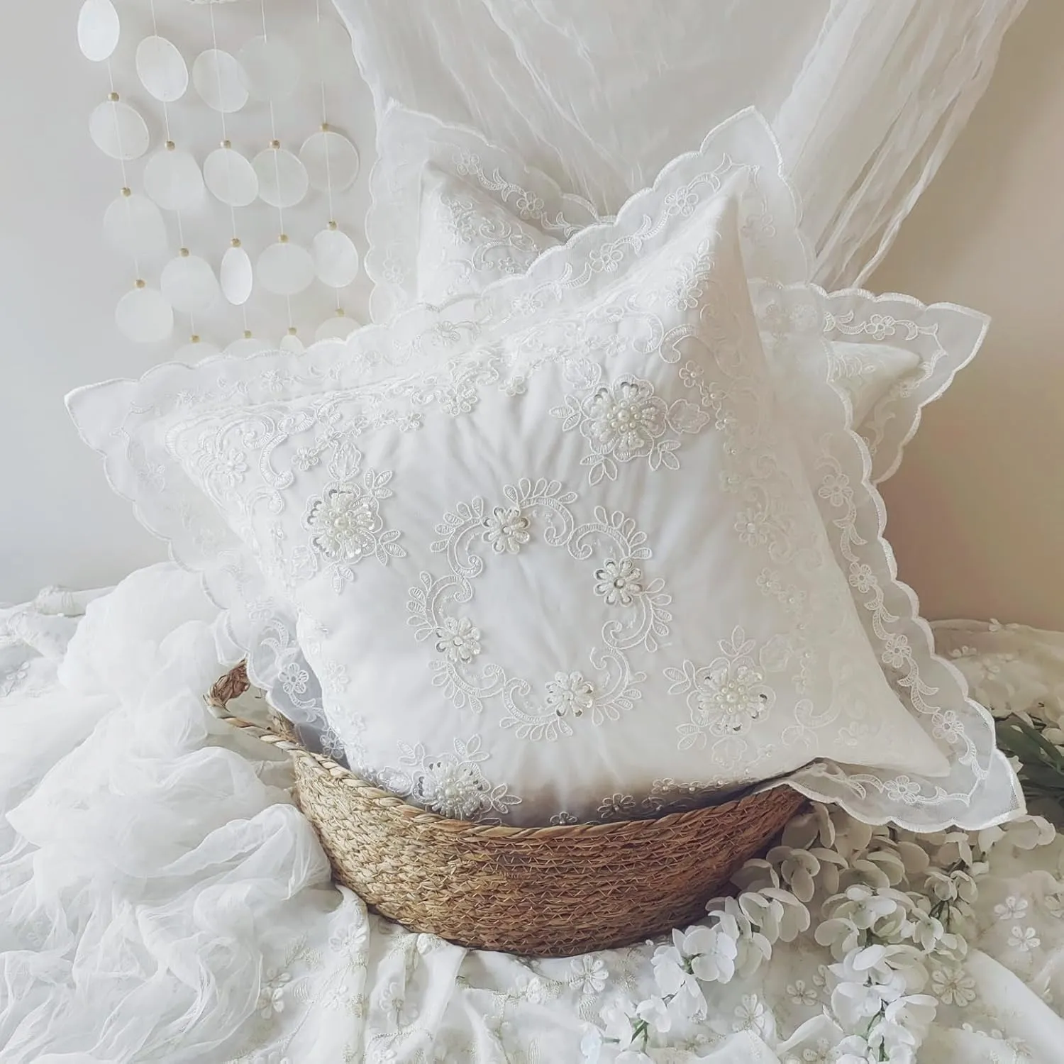 Beaded Sequin & Rope Embroidery Throw Pillow Cover 18x18 Inch, Set of 2 - Floral Lace Shabby Chic French Design for Living Room, Bedroom, Sofa, Home Decor, Ideal Gift for Women