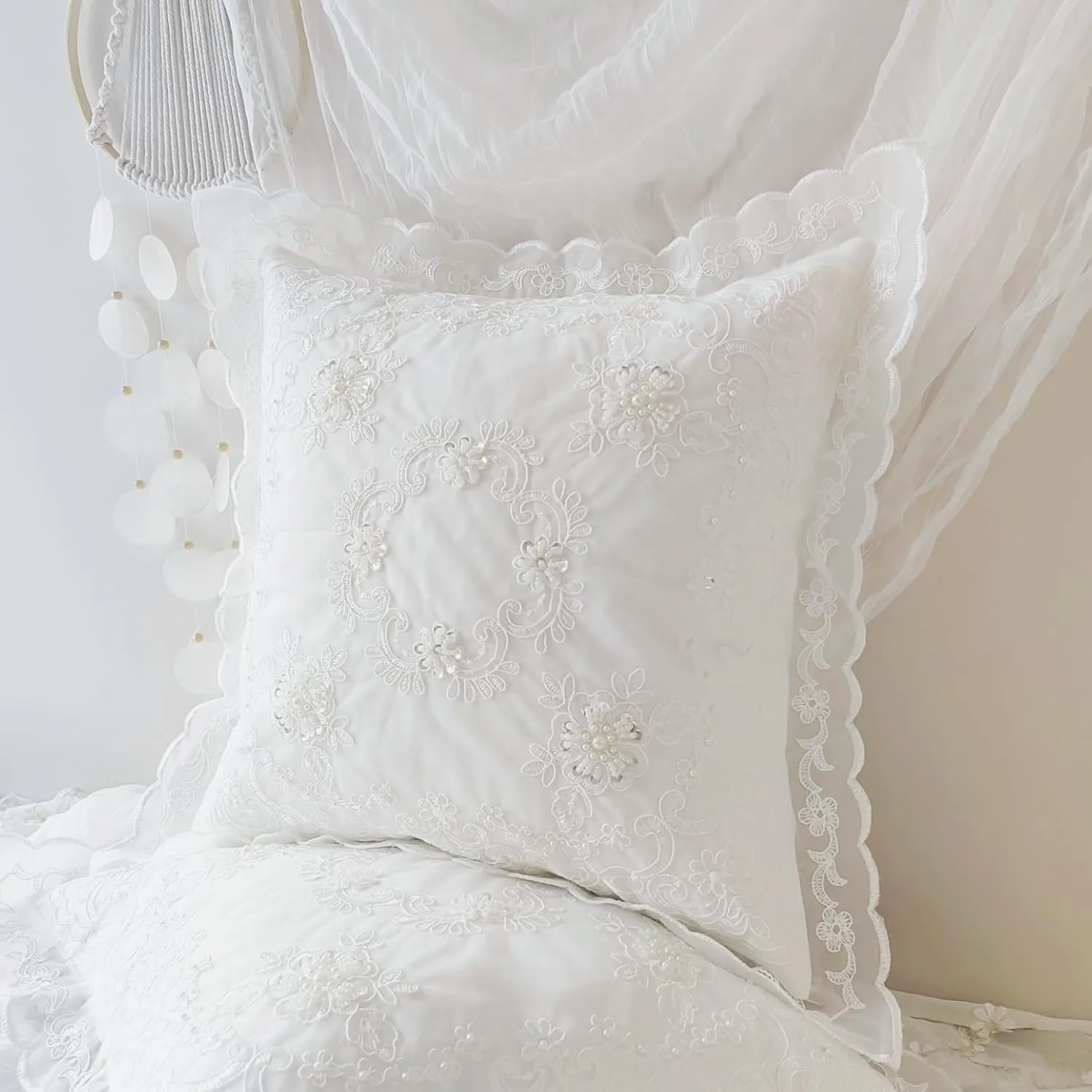 Beaded Sequin & Rope Embroidery Throw Pillow Cover 18x18 Inch, Set of 2 - Floral Lace Shabby Chic French Design for Living Room, Bedroom, Sofa, Home Decor, Ideal Gift for Women