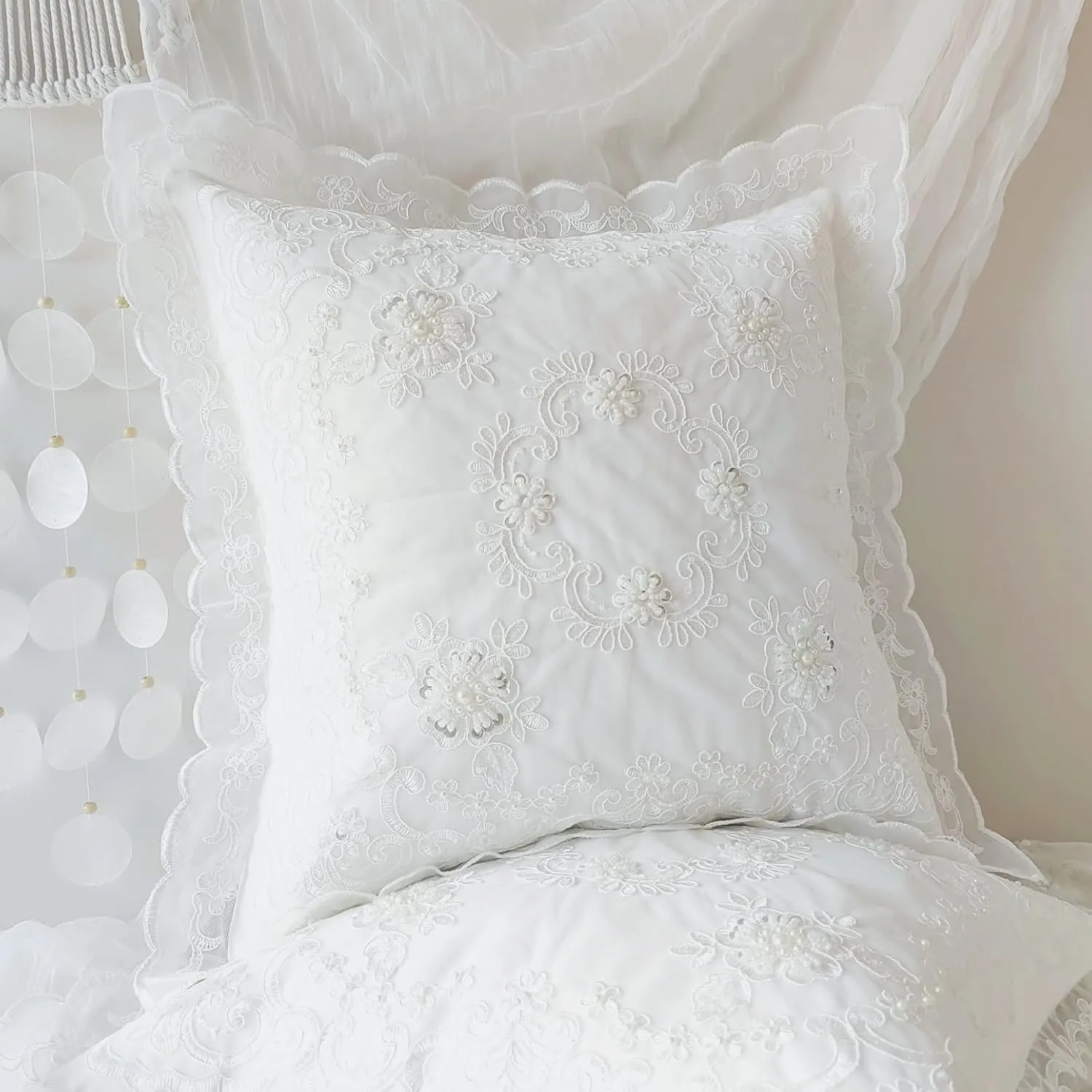 Beaded Sequin & Rope Embroidery Throw Pillow Cover 18x18 Inch, Set of 2 - Floral Lace Shabby Chic French Design for Living Room, Bedroom, Sofa, Home Decor, Ideal Gift for Women