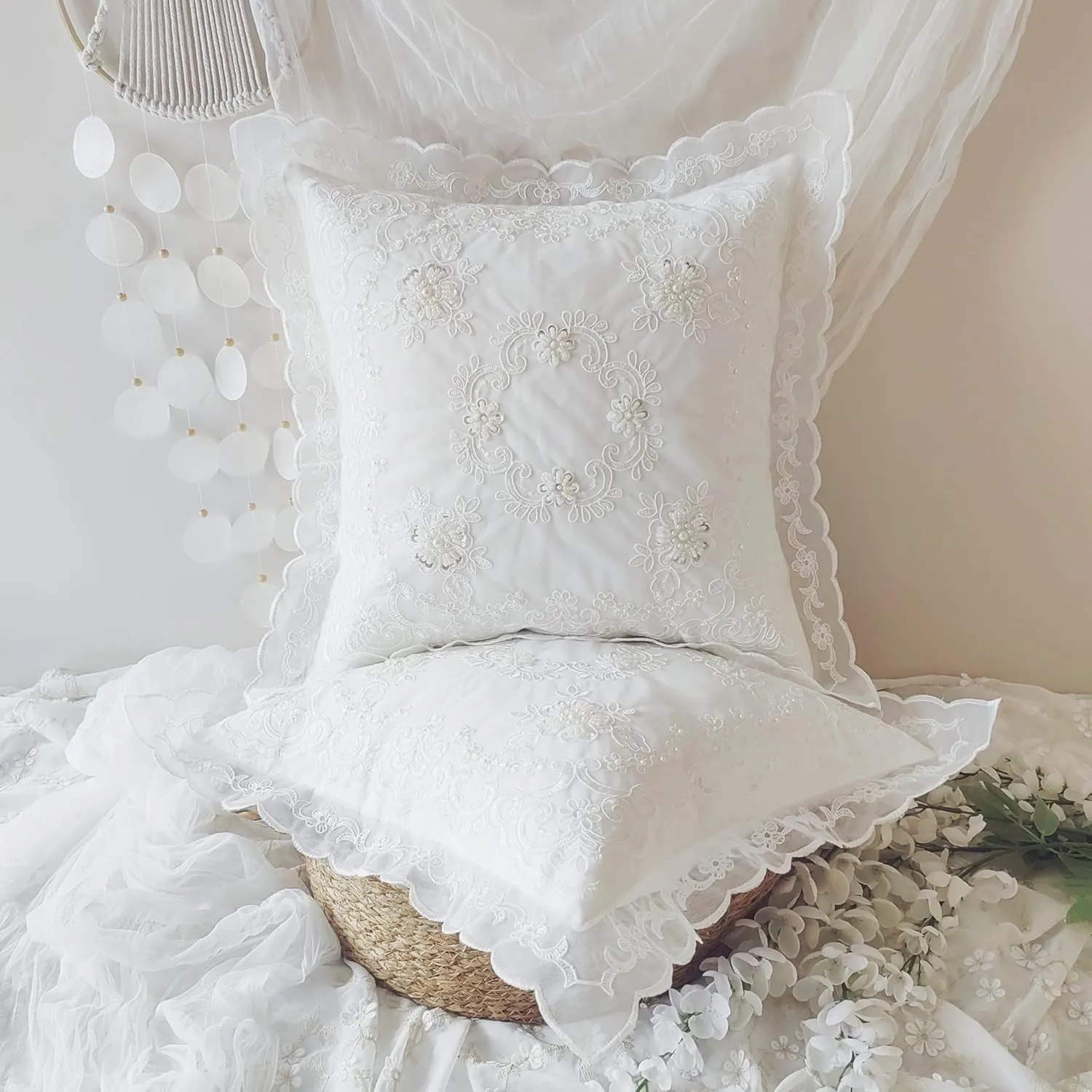 Beaded Sequin & Rope Embroidery Throw Pillow Cover 18x18 Inch, Set of 2 - Floral Lace Shabby Chic French Design for Living Room, Bedroom, Sofa, Home Decor, Ideal Gift for Women