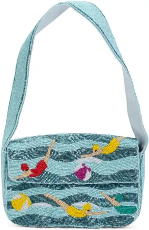 Beaded Shoulder Bag, Swimming Theme Design, 9W x 6H inches, Blue