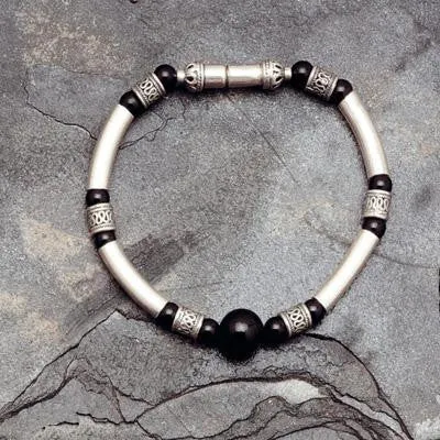 Beaded Stone Bracelet With Filigree Sterling Silver - Silver Tubed and Stone Beaded Bracelet Garnet