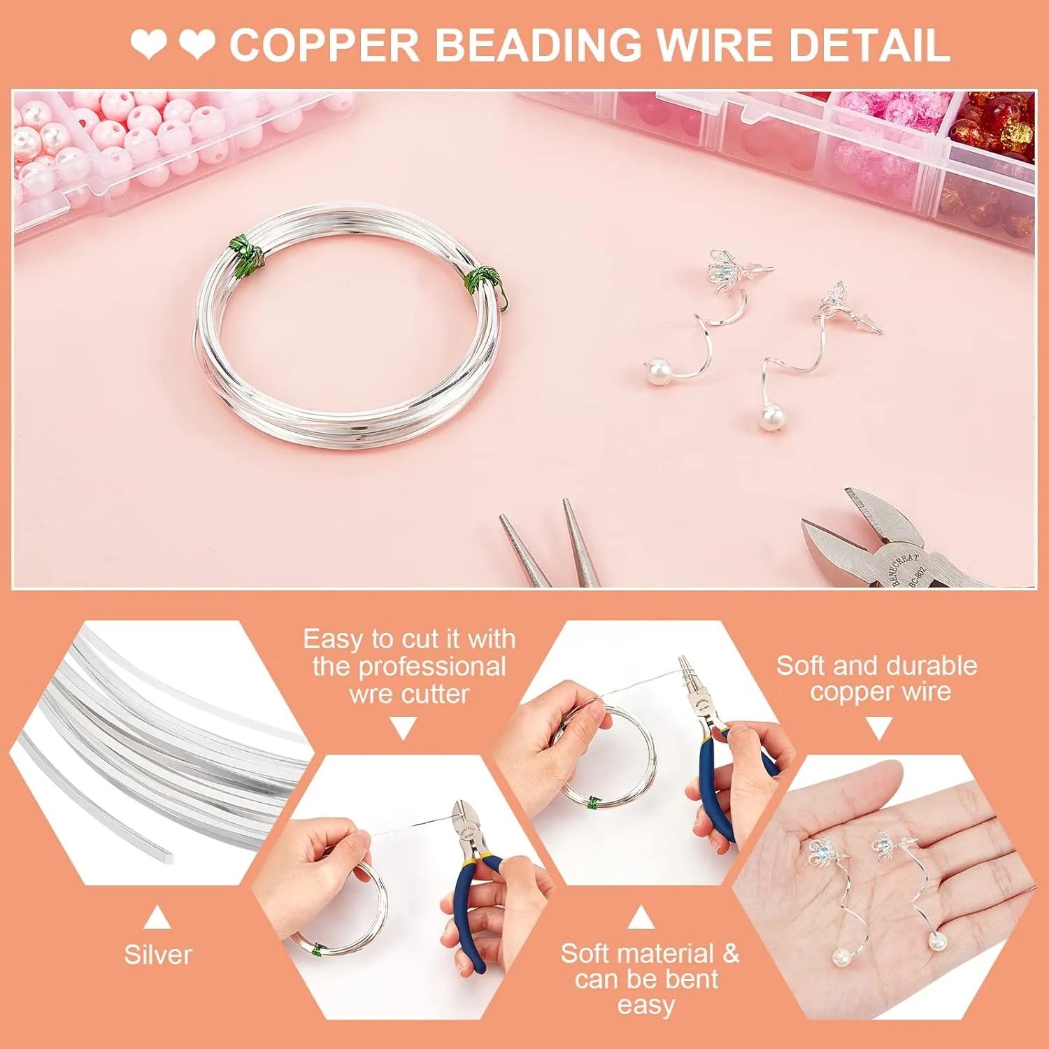 BENECREAT 20 Gauge 16 Feet Brass Square Wire, Silver Brass Wire for Jewelry Beading Craft Work