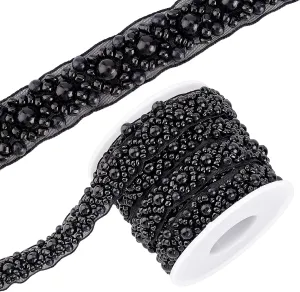 BENECREAT 3.3 Yard Faux Pearls Lace Ribbon, 0.6" Wide Black Beaded Crystal Rhinestone Applique Edge Lace Ribbon for Sewing Wedding Dress Costume Home Decoration