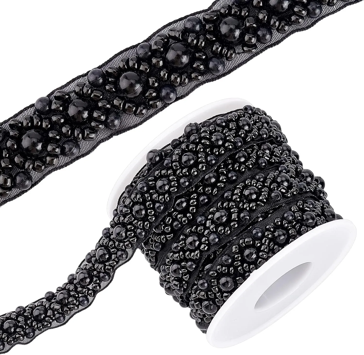 BENECREAT 3.3 Yard Faux Pearls Lace Ribbon, 0.6" Wide Black Beaded Crystal Rhinestone Applique Edge Lace Ribbon for Sewing Wedding Dress Costume Home Decoration