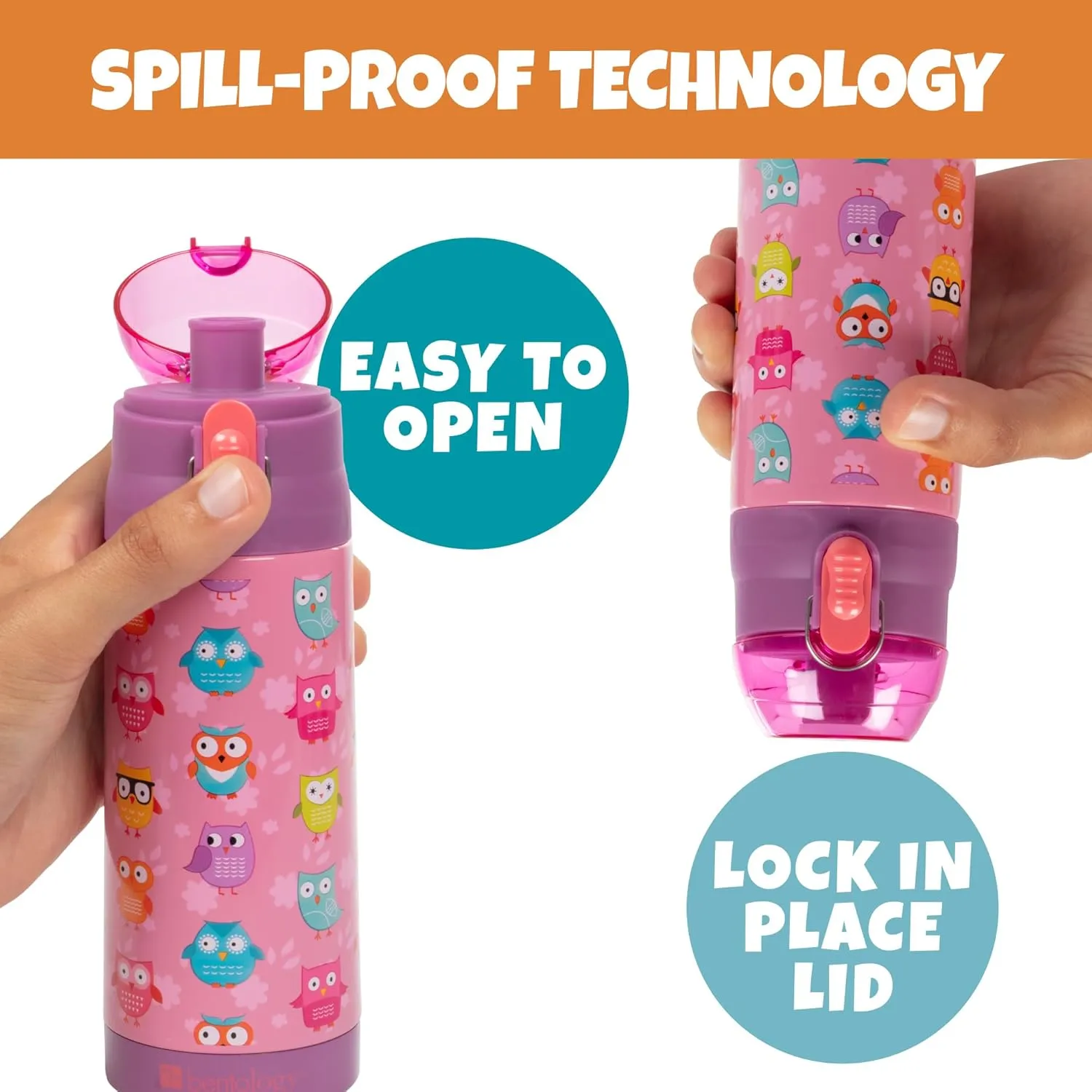 Bentology Stainless Steel 13 oz Reusable Water Bottle for Kids, Owl - Double Wall Insulated, Spill Proof Lid w/Built-in Straw- Keep Liquids Hot or Cold For Hours- Fits in Lunch Boxes & Bags
