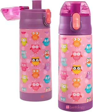 Bentology Stainless Steel 13 oz Reusable Water Bottle for Kids, Owl - Double Wall Insulated, Spill Proof Lid w/Built-in Straw- Keep Liquids Hot or Cold For Hours- Fits in Lunch Boxes & Bags