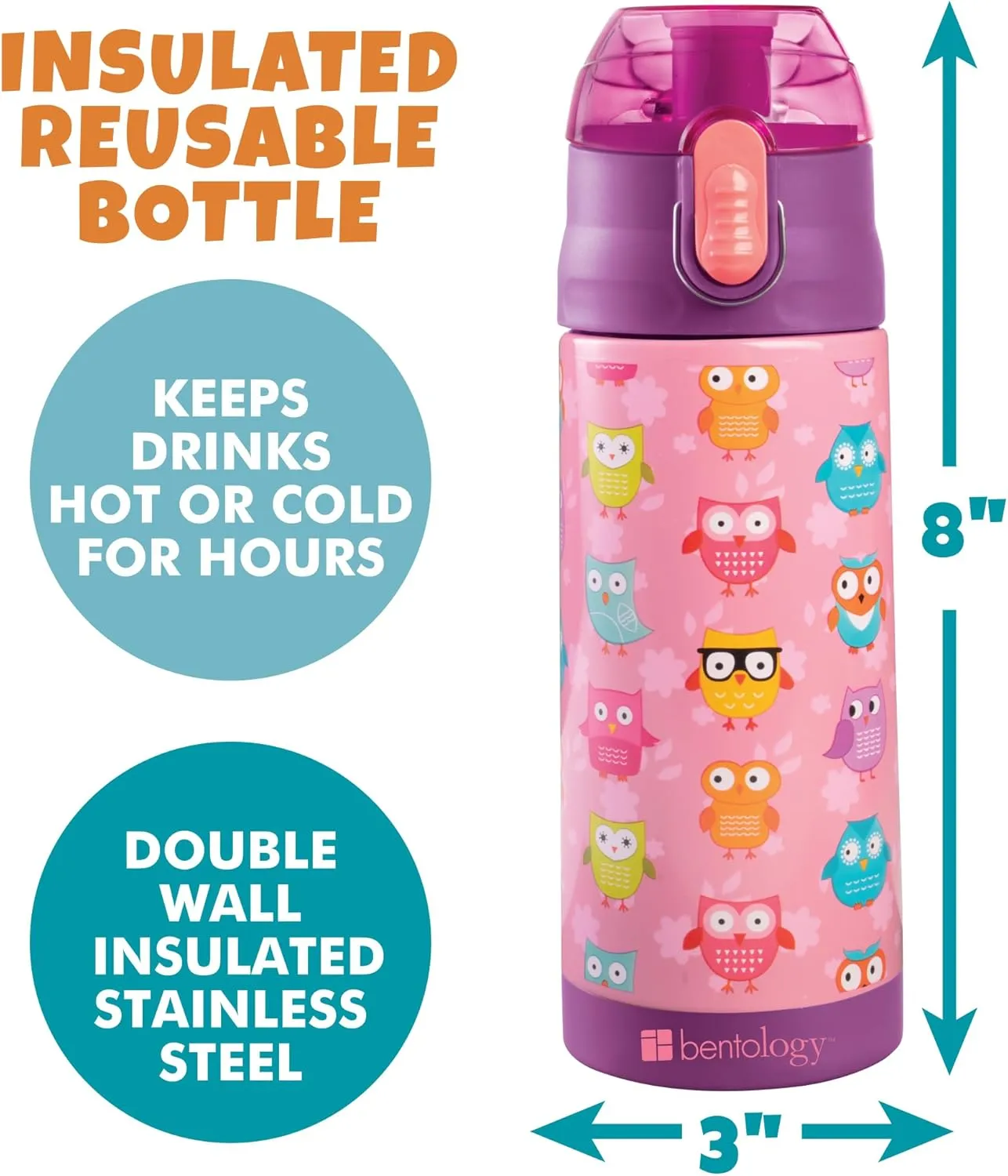 Bentology Stainless Steel 13 oz Reusable Water Bottle for Kids, Owl - Double Wall Insulated, Spill Proof Lid w/Built-in Straw- Keep Liquids Hot or Cold For Hours- Fits in Lunch Boxes & Bags