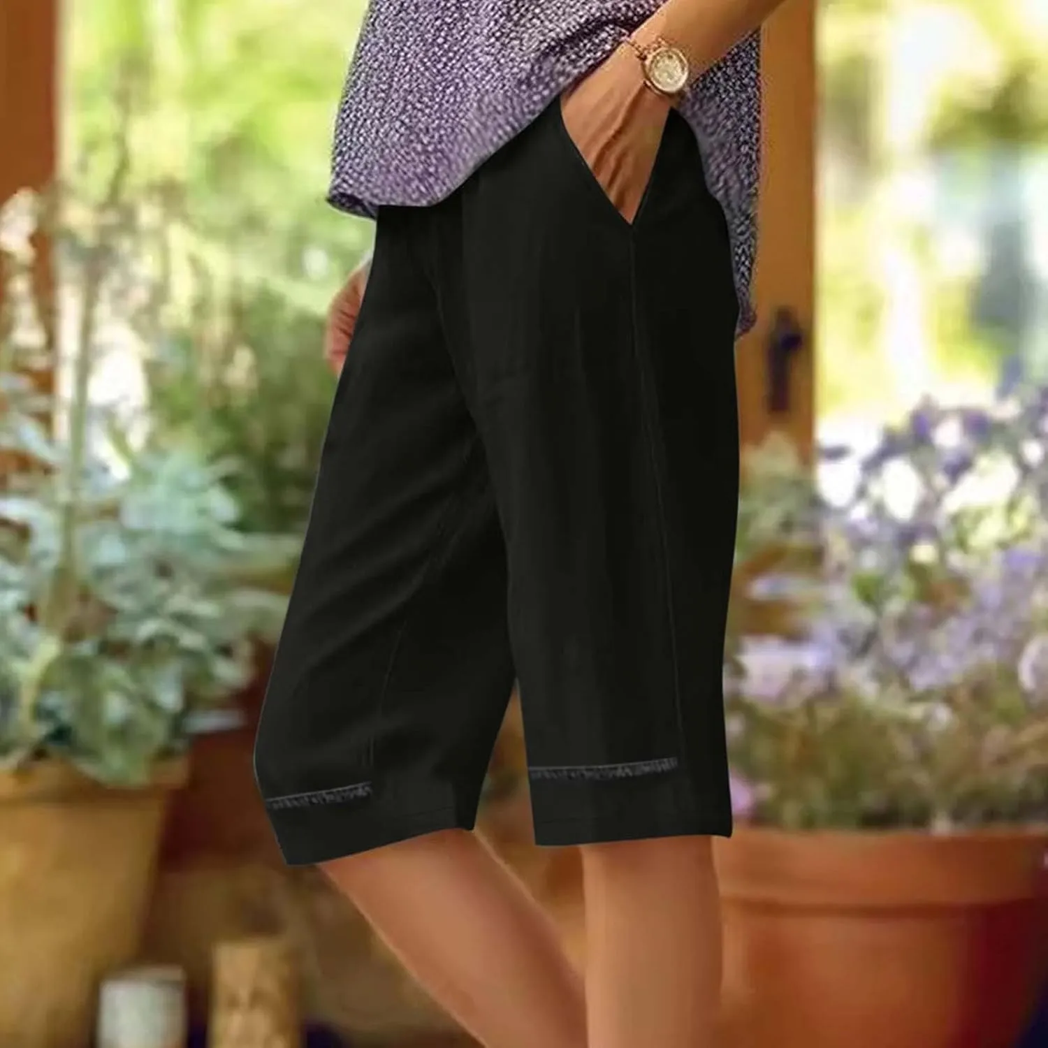 Bermuda Drawstring Beach Shorts Wide Leg Linen Shorts Elastic High Waisted Pleated Casual Loose Bermuda Shorts, Large