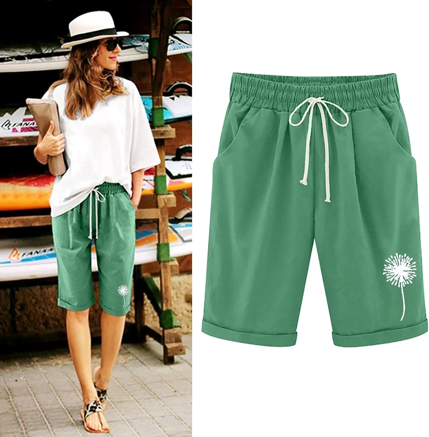 Bermuda Shorts for Women 2025 Casual Summer Beach Drawstring Shorts with Pocket Knee Length Loose Cute Vacation Short