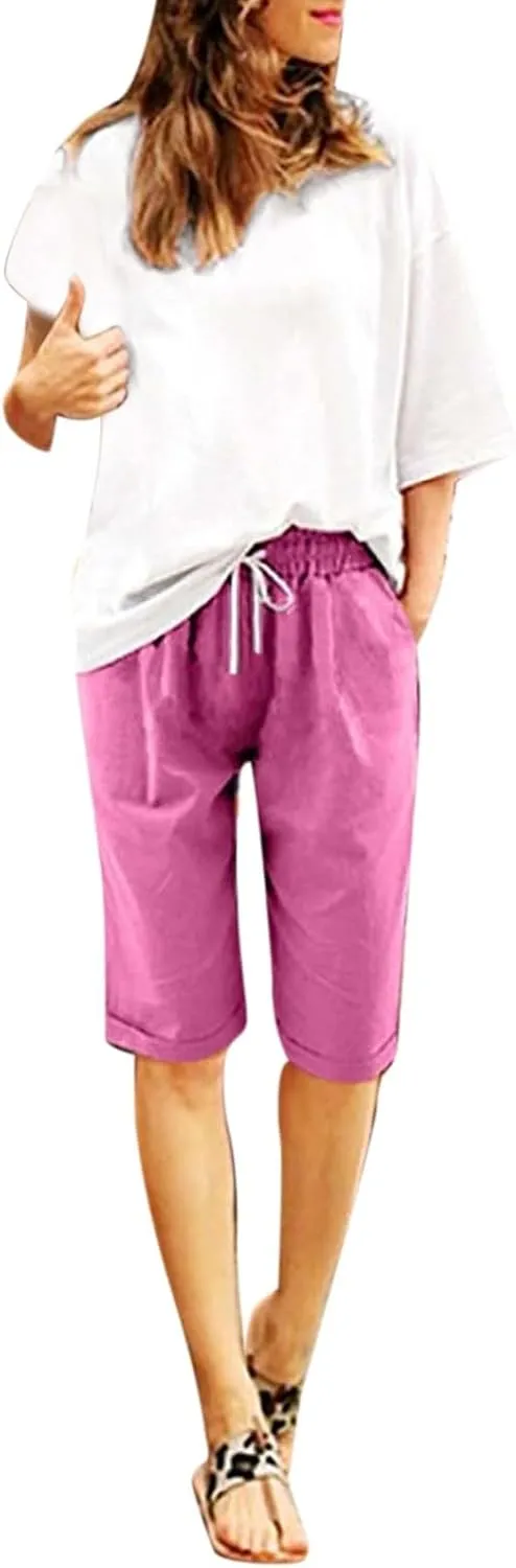 Bermuda Shorts for Women 2025 Casual Summer Beach Drawstring Shorts with Pocket Knee Length Loose Cute Vacation Short