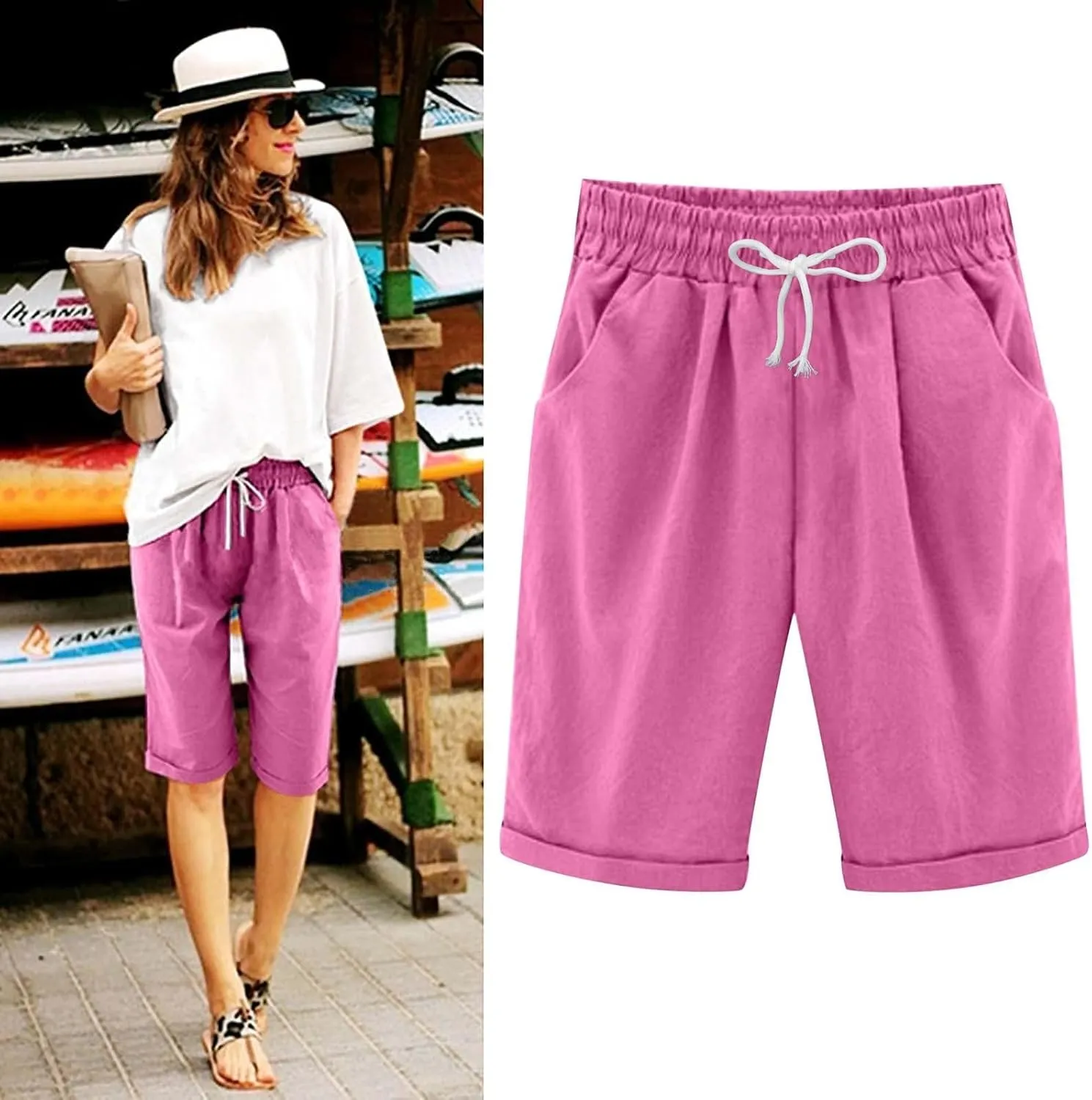 Bermuda Shorts for Women 2025 Casual Summer Beach Drawstring Shorts with Pocket Knee Length Loose Cute Vacation Short