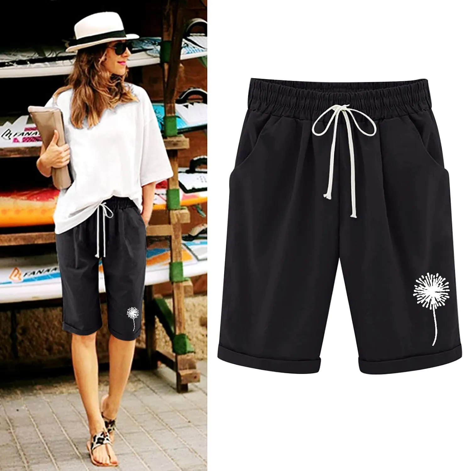 Bermuda Shorts for Women 2025 Casual Summer Beach Drawstring Shorts with Pocket Knee Length Loose Cute Vacation Short