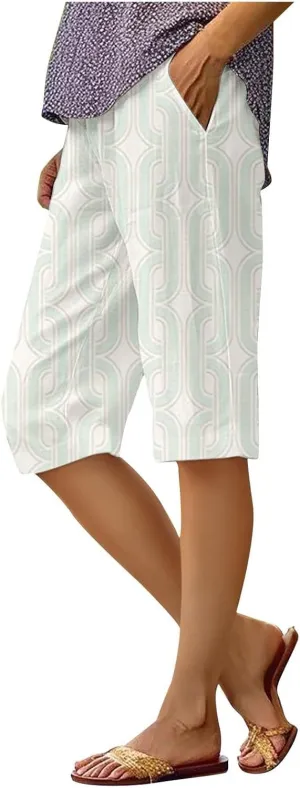 Bermuda Shorts for Women Knee Length Cotton Linen Capris Elastic Waisted Pants Summer Beach Long Shorts with Pockets