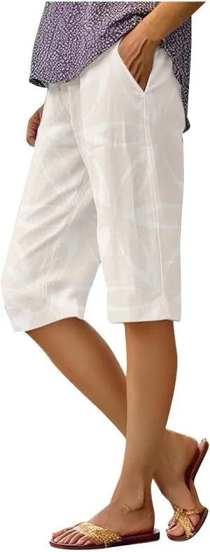 Bermuda Shorts for Women Knee Length Cotton Linen Capris Elastic Waisted Pants Summer Beach Long Shorts with Pockets