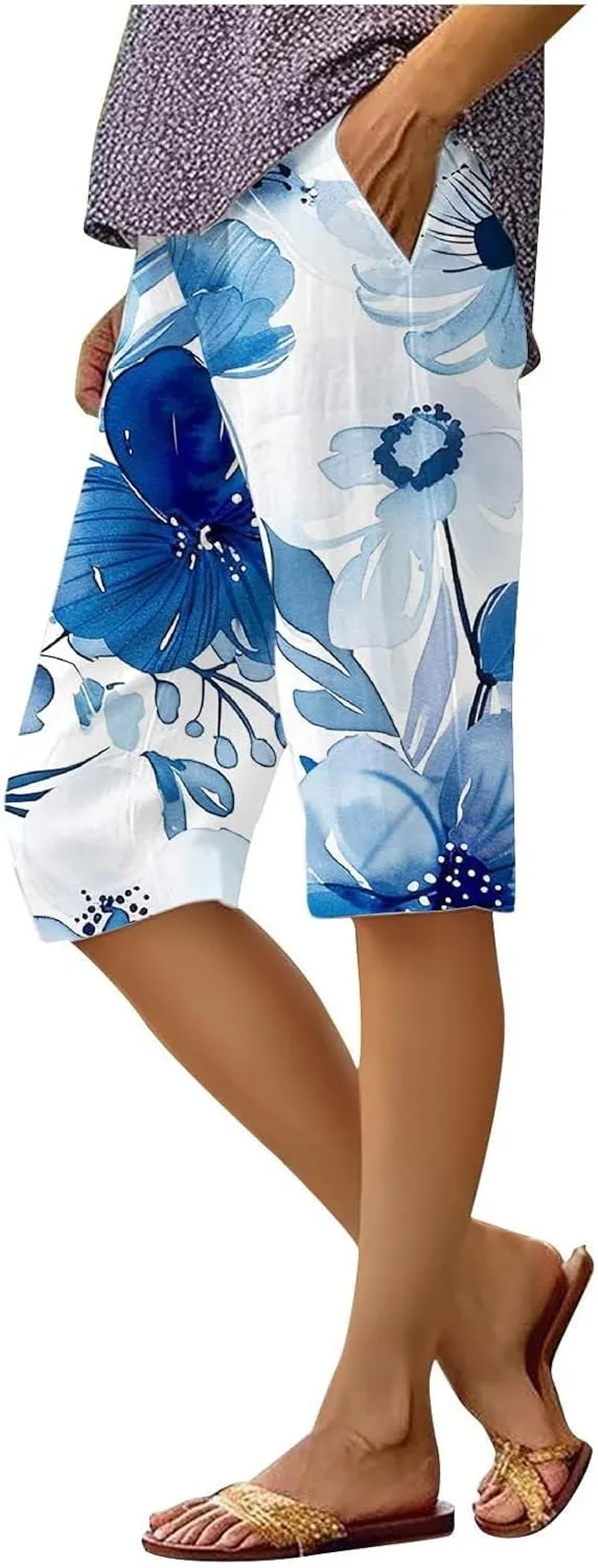 Bermuda Shorts for Women Summer High Waisted Knee Length Boho Floral Pants 2025 Beach Vacation Outfit with Pockets