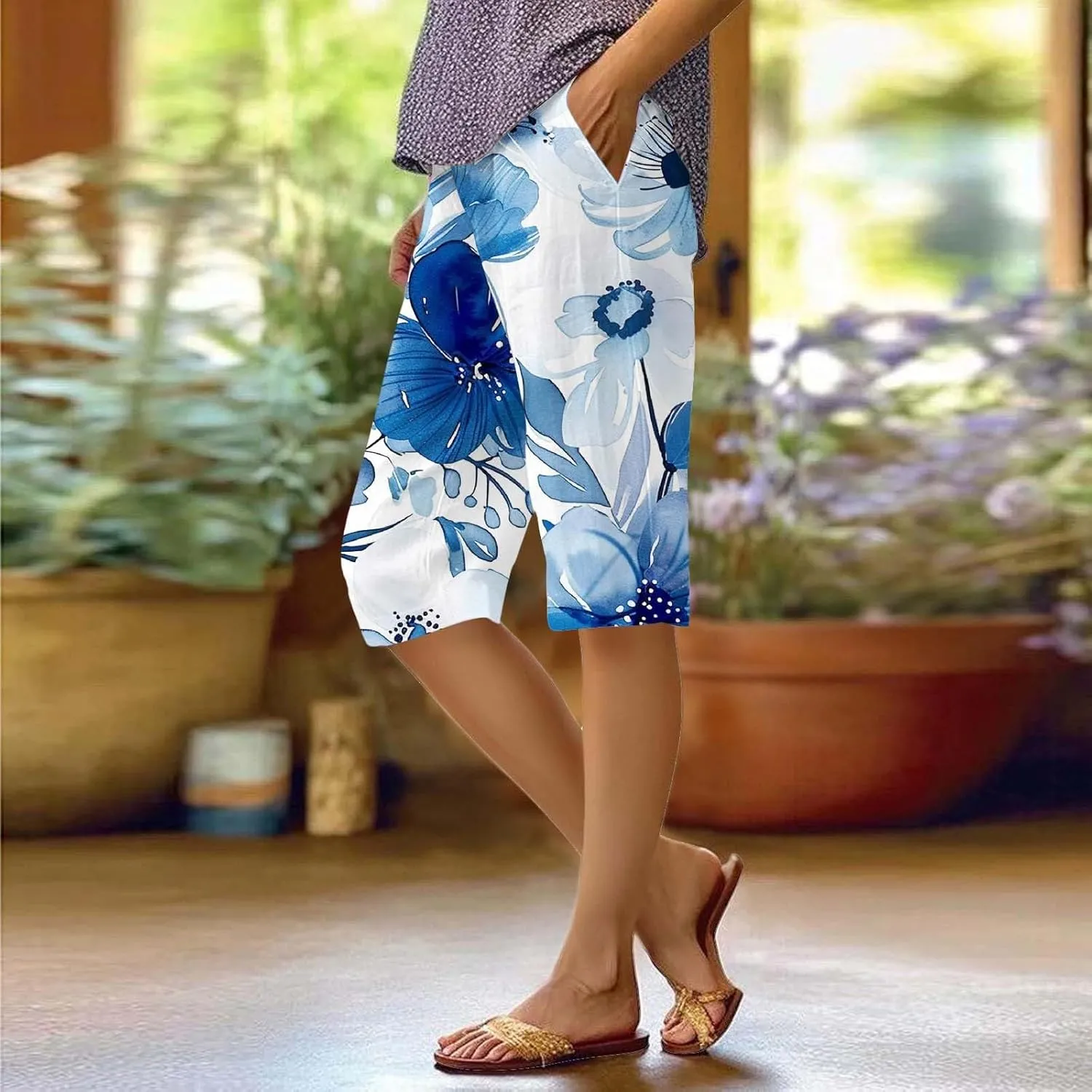 Bermuda Shorts for Women Summer High Waisted Knee Length Boho Floral Pants 2025 Beach Vacation Outfit with Pockets