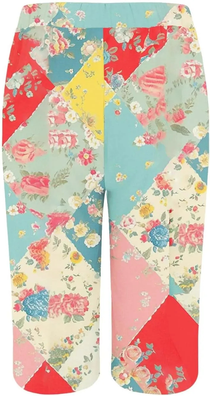 Bermuda Shorts for Women Trendy High Waist Knee Length Short Pants Comfy Summer Boho Floral Print Shorts with Pocket