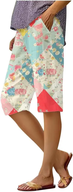 Bermuda Shorts for Women Trendy High Waist Knee Length Short Pants Comfy Summer Boho Floral Print Shorts with Pocket