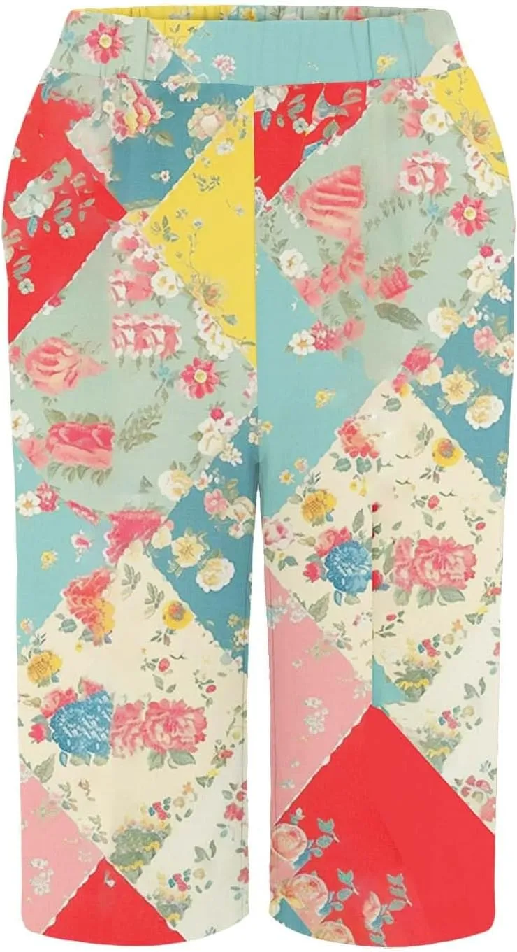 Bermuda Shorts for Women Trendy High Waist Knee Length Short Pants Comfy Summer Boho Floral Print Shorts with Pocket