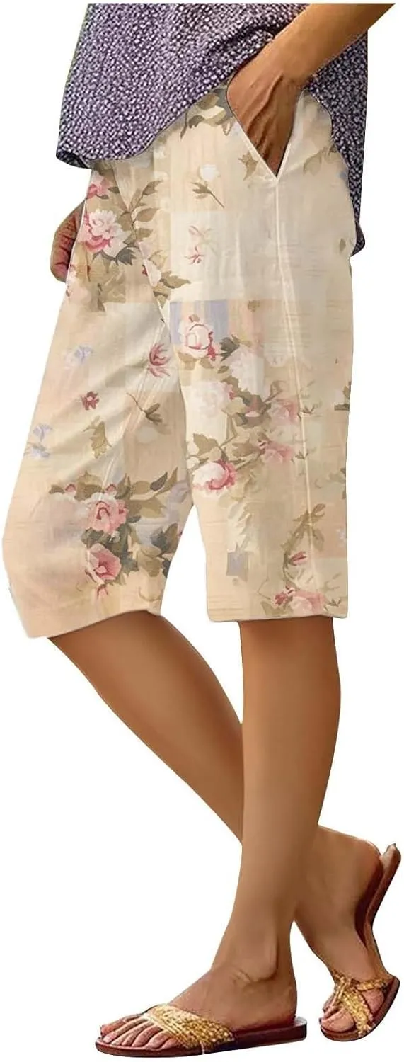 Bermuda Shorts for Women Trendy High Waist Knee Length Short Pants Comfy Summer Boho Floral Print Shorts with Pocket