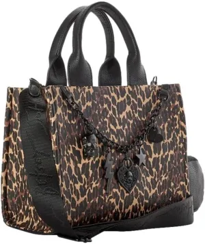 Betsey Johnson XO Rea All Over Leopard Printed Faux Leather MINI Boxy Satchel W/Black Metal Five Charm Chain Fashion Detail Top Handle Handbag Shoulder Bag With Detachable Zipper Pouch