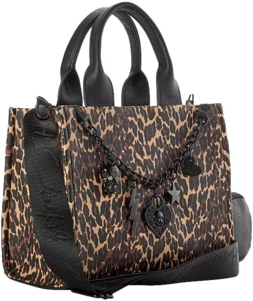 Betsey Johnson XO Rea All Over Leopard Printed Faux Leather MINI Boxy Satchel W/Black Metal Five Charm Chain Fashion Detail Top Handle Handbag Shoulder Bag With Detachable Zipper Pouch