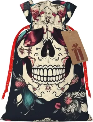 Bgshjvf Flowers Skull Ornamental Pattern Linen Gift Bag With Rope Drawstring Closure,With Kraft Paper Elevators,For Christmas,Birthdays,Parties
