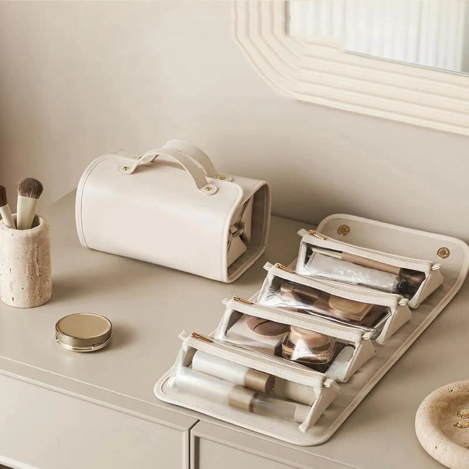 Binozinco Cosmetic Bag, Basic-Chic Makeup Bagwith Clear Divider and Handle, Leather Waterproof Cosmetic Bag, Player Travel Cosmetic Bag, Portable Hanging PU Leather Makeup with Compartment (2*D)