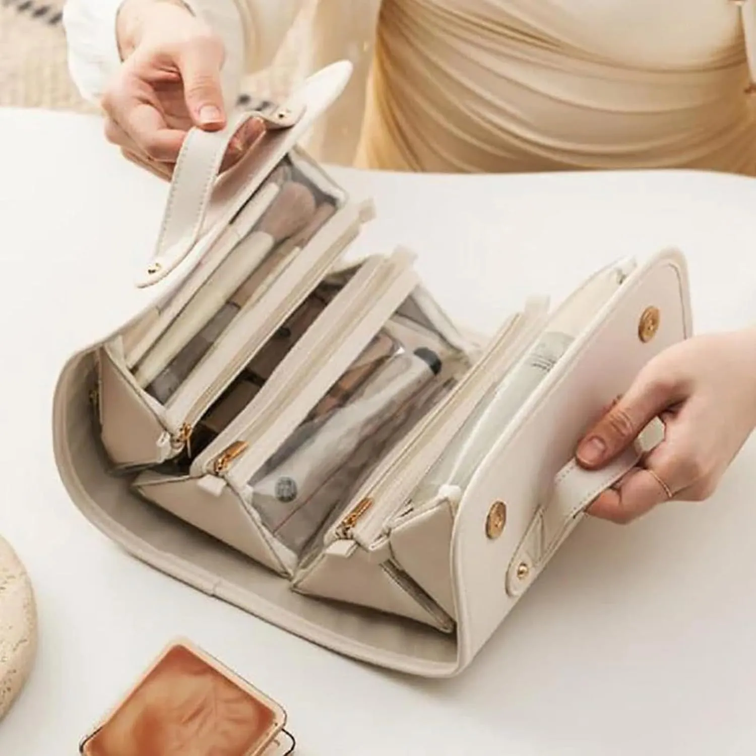 Binozinco Cosmetic Bag, Basic-Chic Makeup Bagwith Clear Divider and Handle, Leather Waterproof Cosmetic Bag, Player Travel Cosmetic Bag, Portable Hanging PU Leather Makeup with Compartment (2*D)