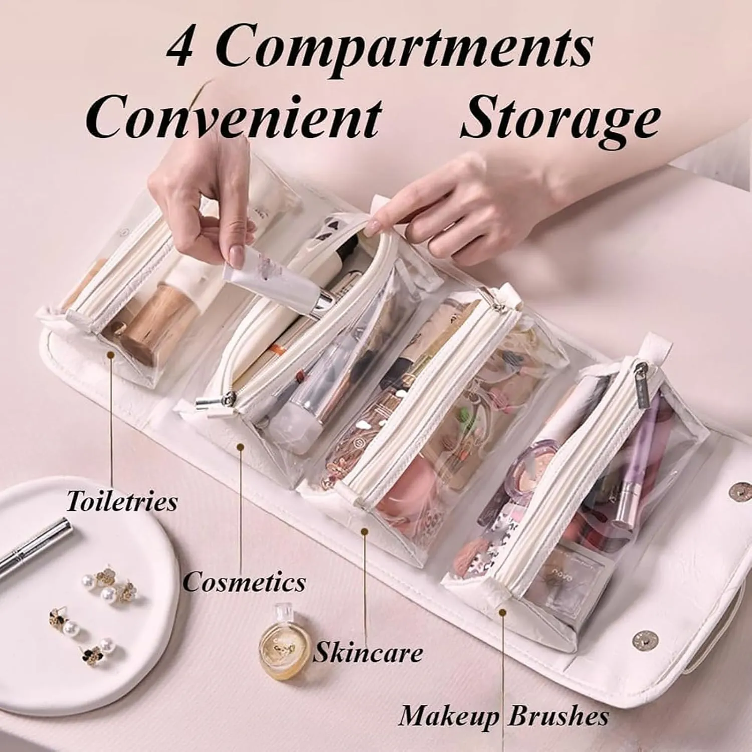 Binozinco Cosmetic Bag, Basic-Chic Makeup Bagwith Clear Divider and Handle, Leather Waterproof Cosmetic Bag, Player Travel Cosmetic Bag, Portable Hanging PU Leather Makeup with Compartment (2*D)