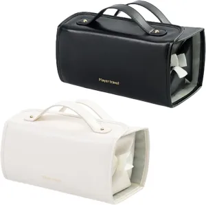 Binozinco Cosmetic Bag, Basic-Chic Makeup Bagwith Clear Divider and Handle, Leather Waterproof Cosmetic Bag, Player Travel Cosmetic Bag, Portable Hanging PU Leather Makeup with Compartment (2*D)