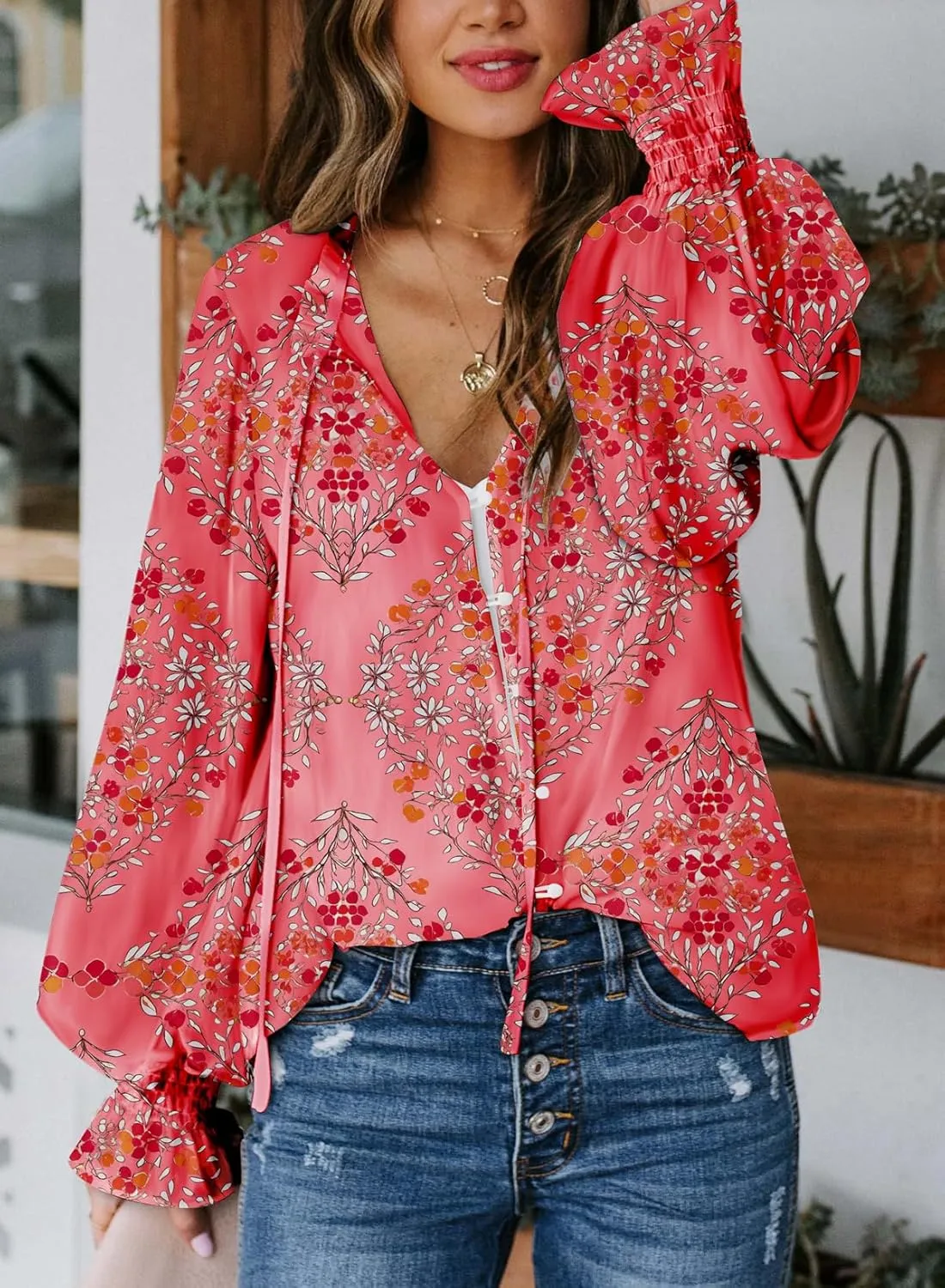 Biucly Women's Casual Boho Floral Print V Neck Long Sleeve Drawstring Tops Loose Blouses Button Down Shirts