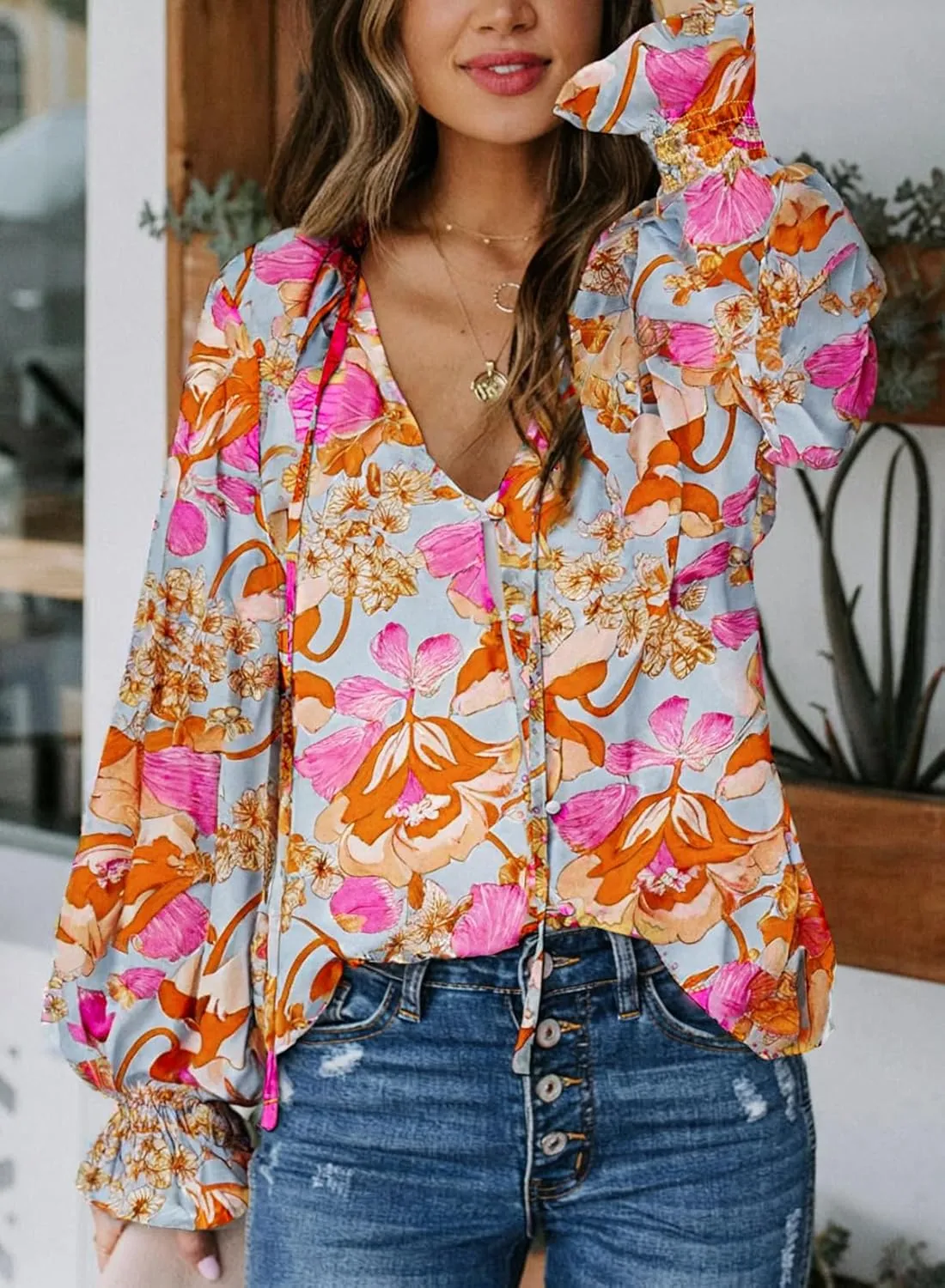 Biucly Women's Casual Boho Floral Print V Neck Long Sleeve Drawstring Tops Loose Blouses Button Down Shirts