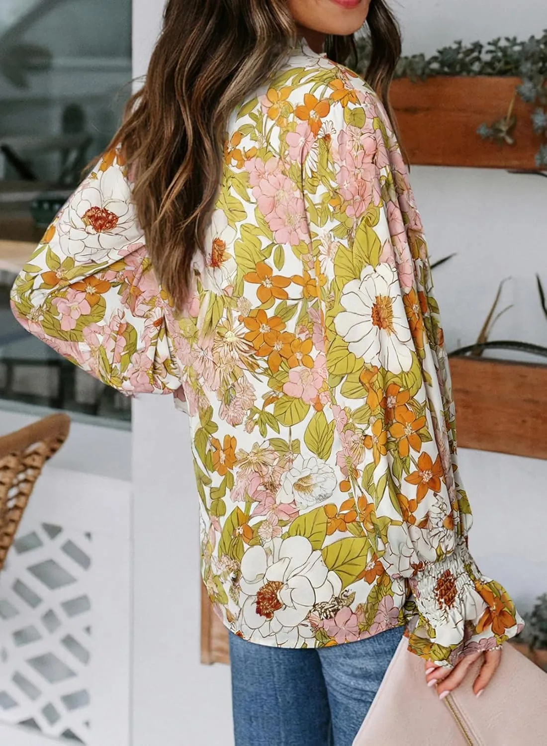 Biucly Women's Casual Boho Floral Print V Neck Long Sleeve Drawstring Tops Loose Blouses Button Down Shirts